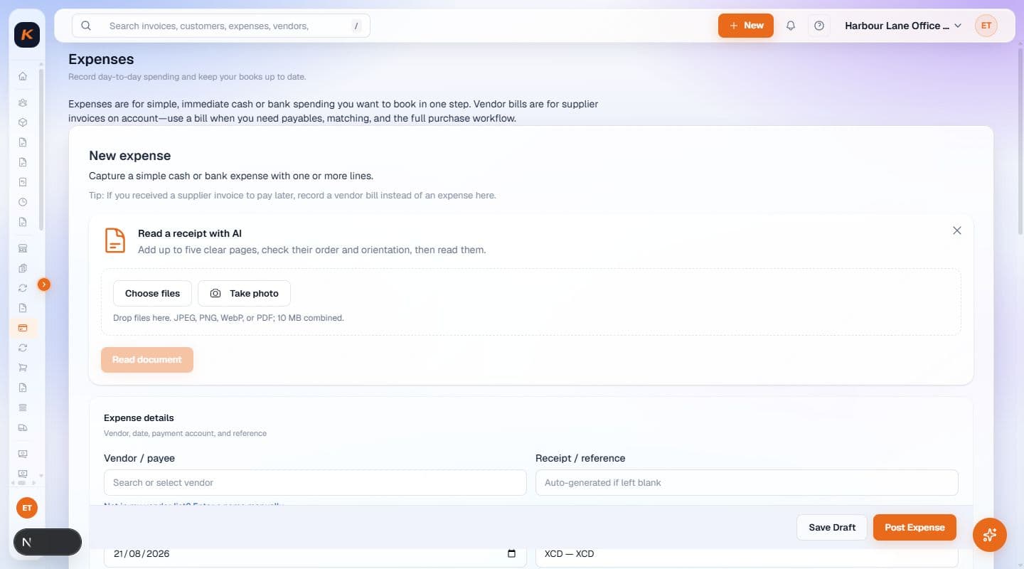 Actual Kontab expense workspace with AI receipt capture and vendor expense fields