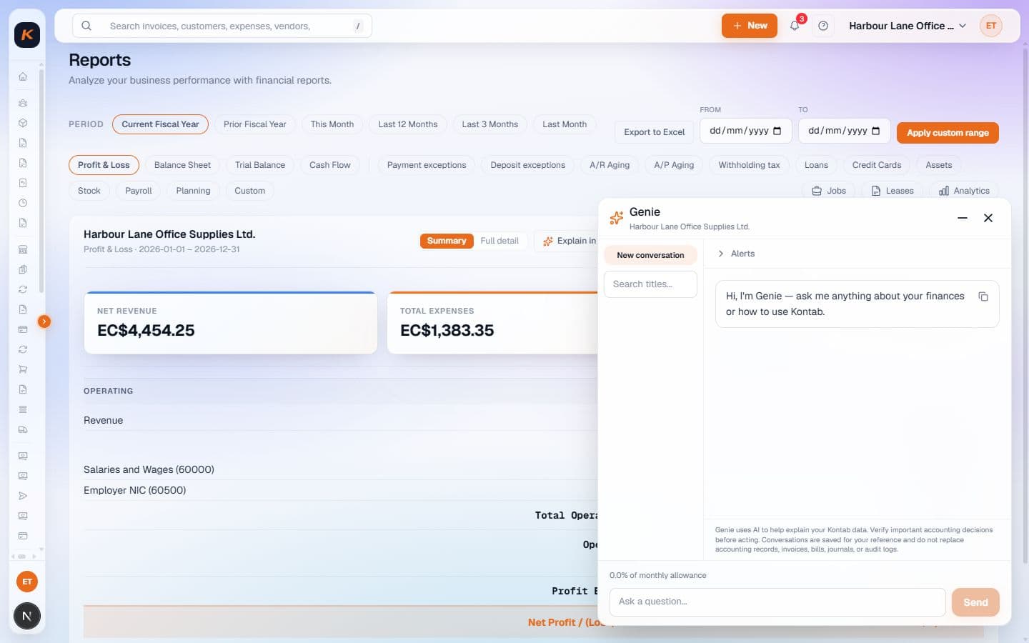 Actual Kontab Genie assistant open beside a profit and loss report