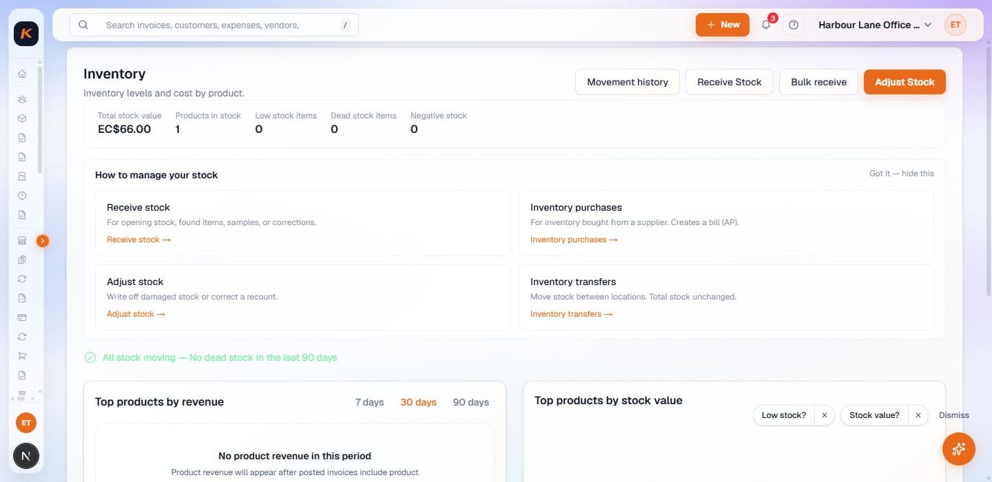 Actual Kontab inventory overview with stock receiving, purchase, transfer, and adjustment workflows