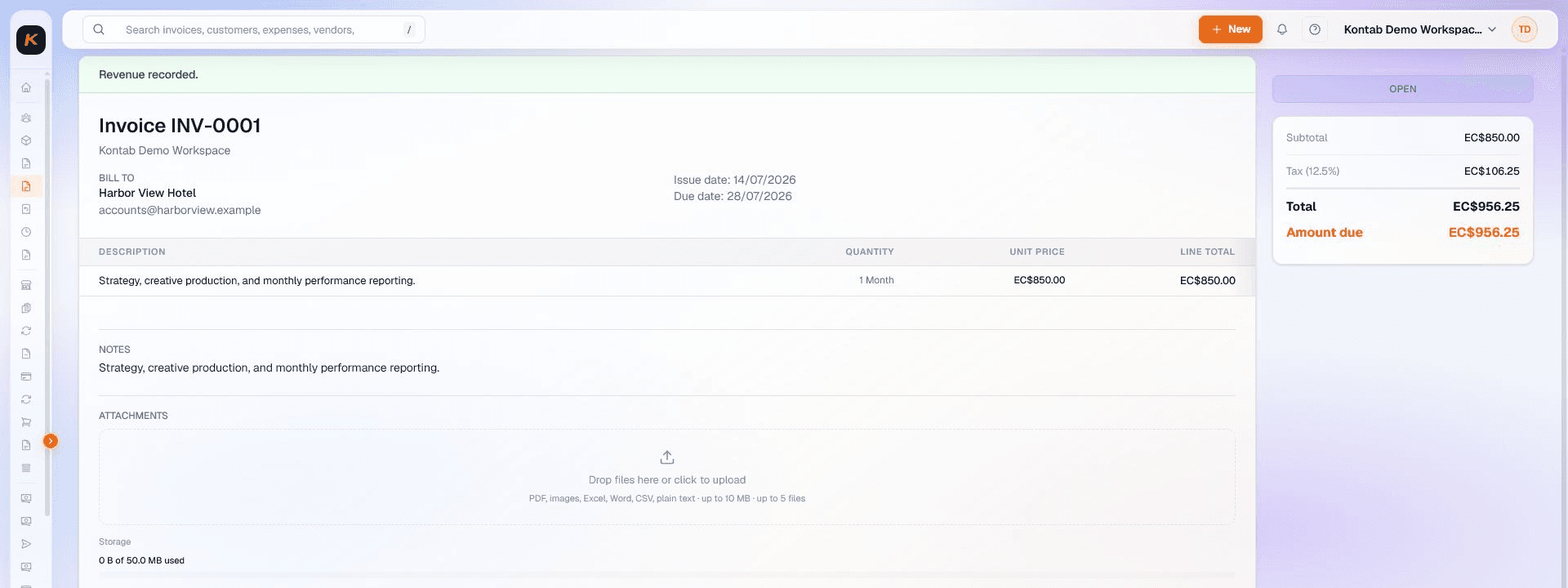 Actual posted Kontab invoice for Harbor View Hotel with an EC$956.25 total