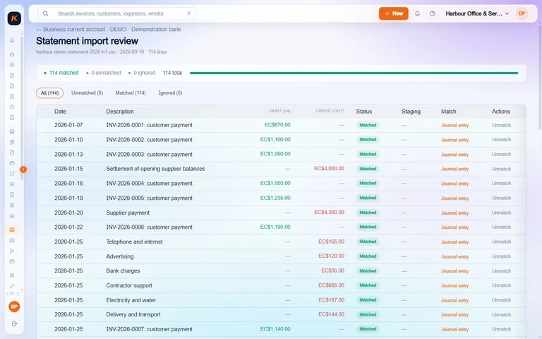 Actual Kontab synthetic bank statement entries matched to existing journals: 114 matched, zero unmatched. Harbour Office & Services - DEMO, January–June 2026, light mode.