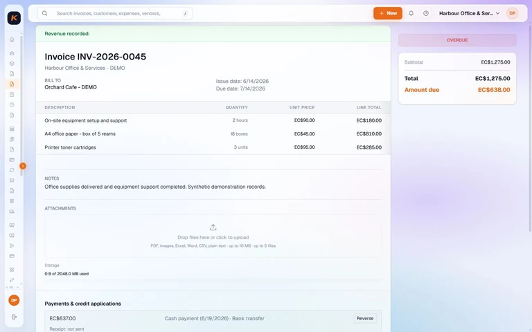 Kontab invoice INV-2026-0045: EC$1,275 total, EC$637 received and EC$638 still due. Overdue demo invoice for Harbour Office & Services, light mode.