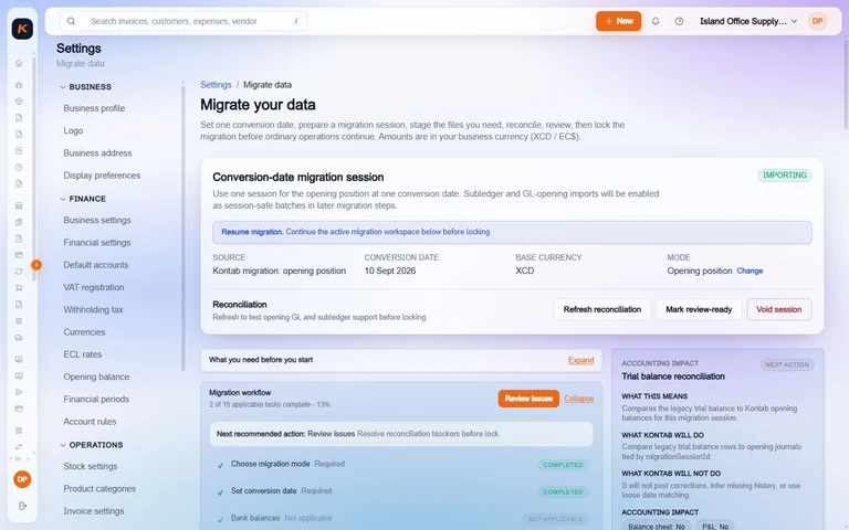 Actual Kontab Migration Hub showing the opening-position migration, conversion date and task checklist for Island Office Supply — Migration Demo.