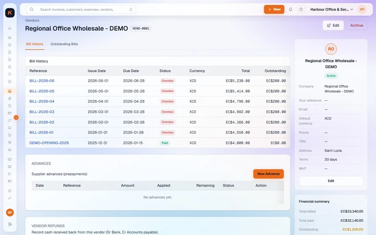 Actual Kontab supplier Regional Office Wholesale - DEMO: seven bills totaling EC$33,340, EC$32,140 paid and EC$1,200 outstanding. Light mode.